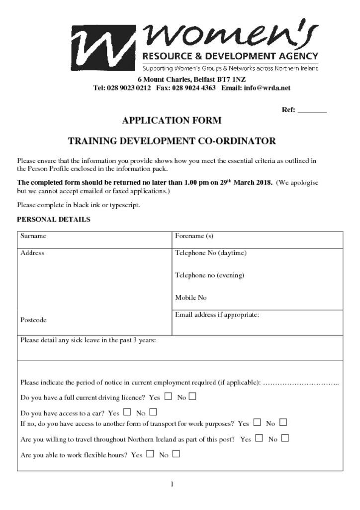 thumbnail of Training Development Co-ordinator Application Form