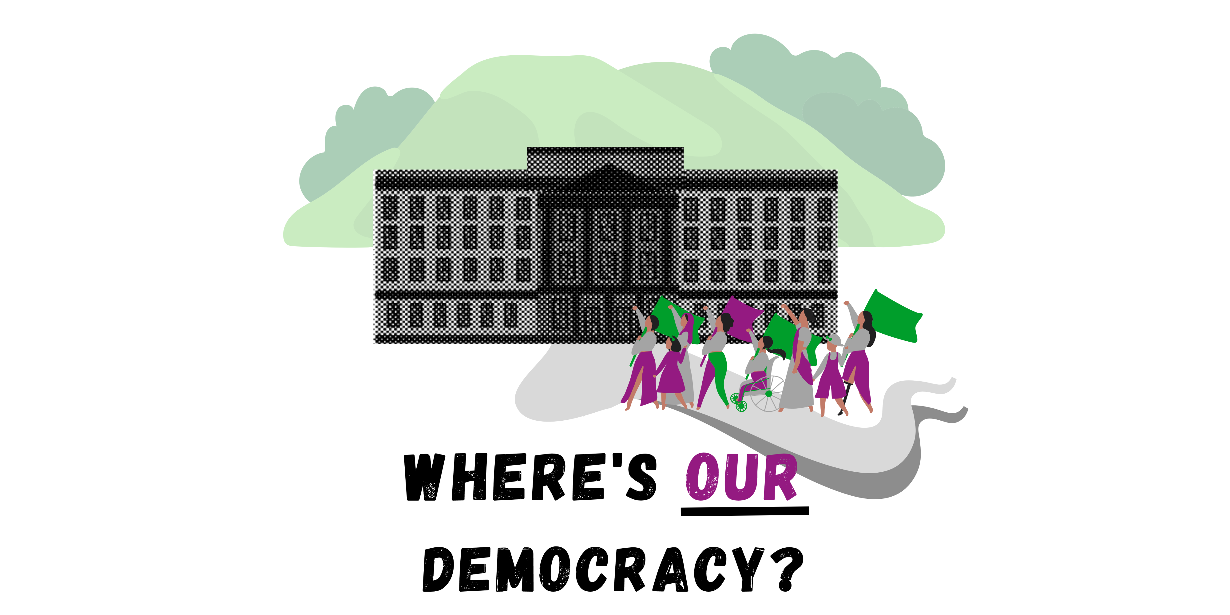 Cartoon of Stormont with women marching towards it holding purple and green flags.