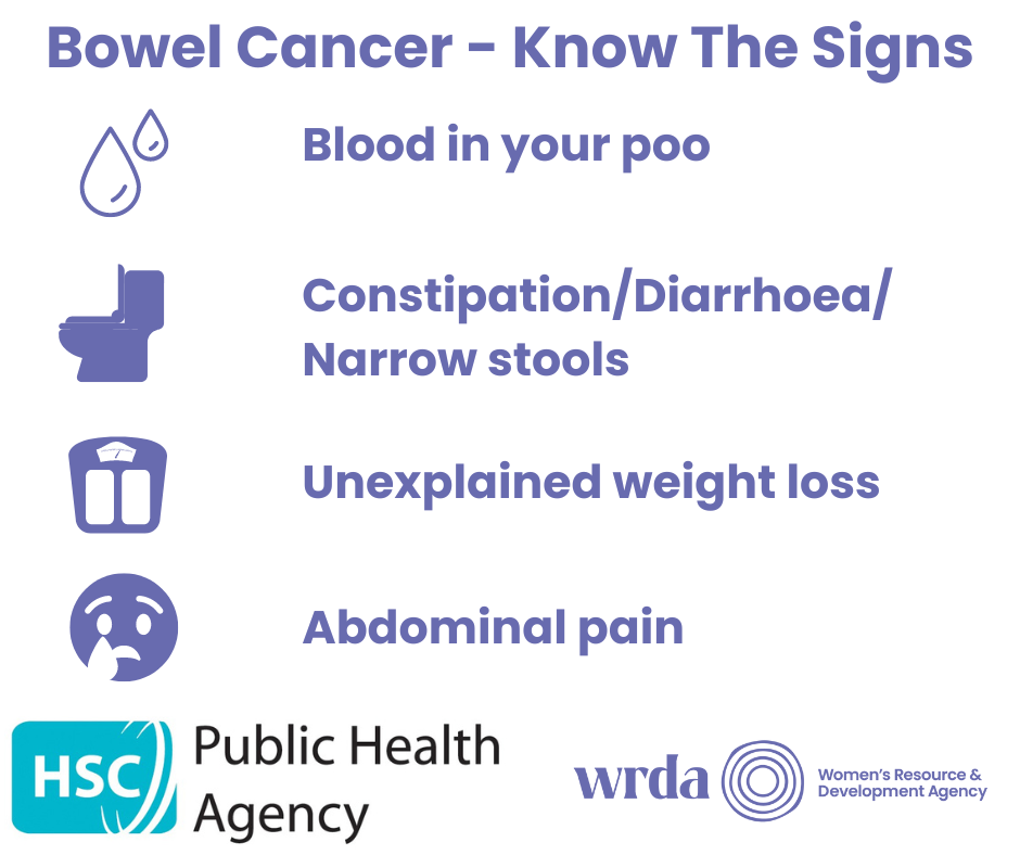 Bowel cancer, know the signs. Blood in your poo, constipation/diarrhoea/narrow stools, unexplained weight loss, abdominal pain.